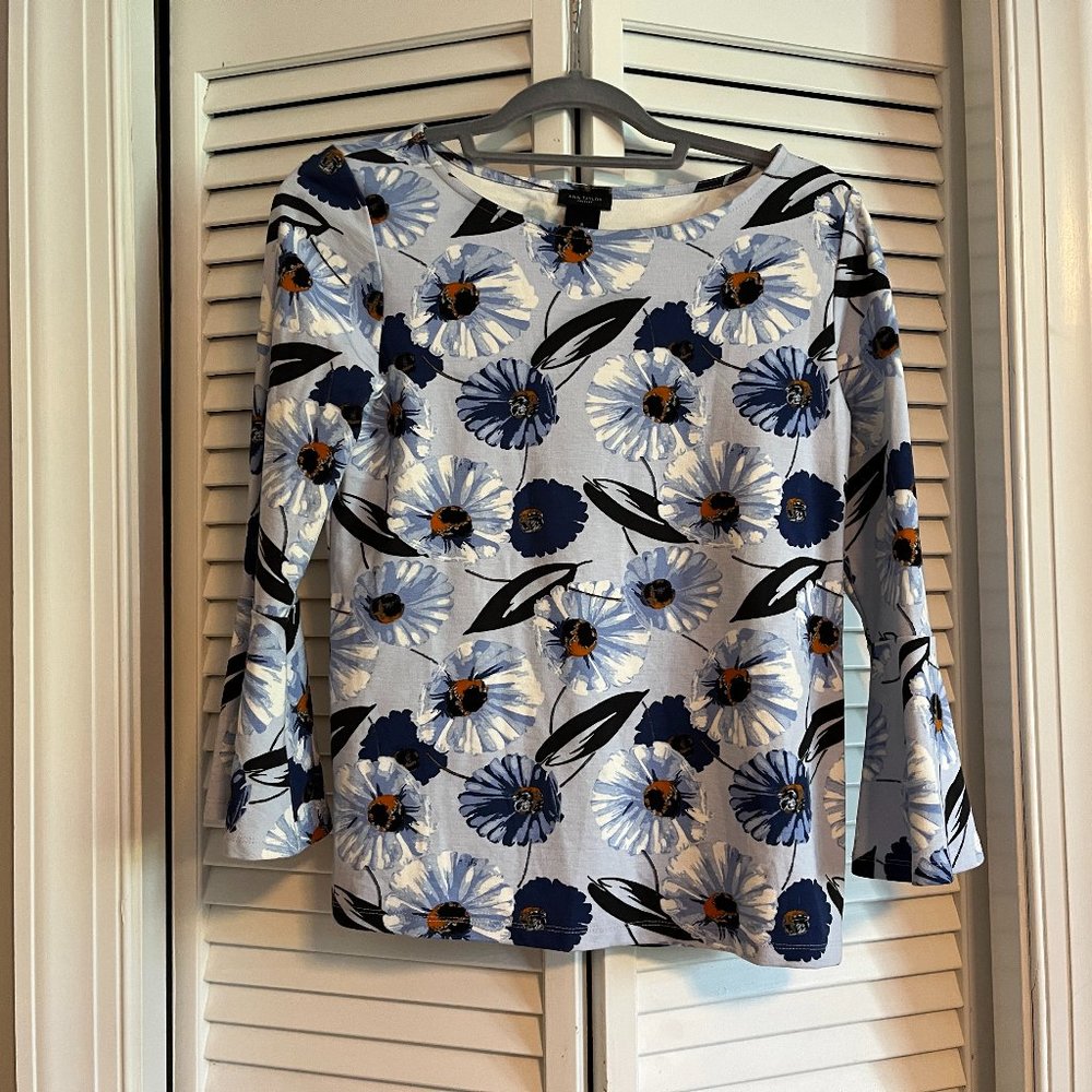 Ann Taylor Floral Knit Blue/Orange Top Blouse Shirt Long Bell Sleeves Sz Small - Picture 4 of 9